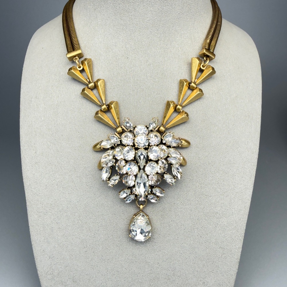 J.Crew Necklace Art Deco Clear Glass Crystals Gold Tone 16" to 18"